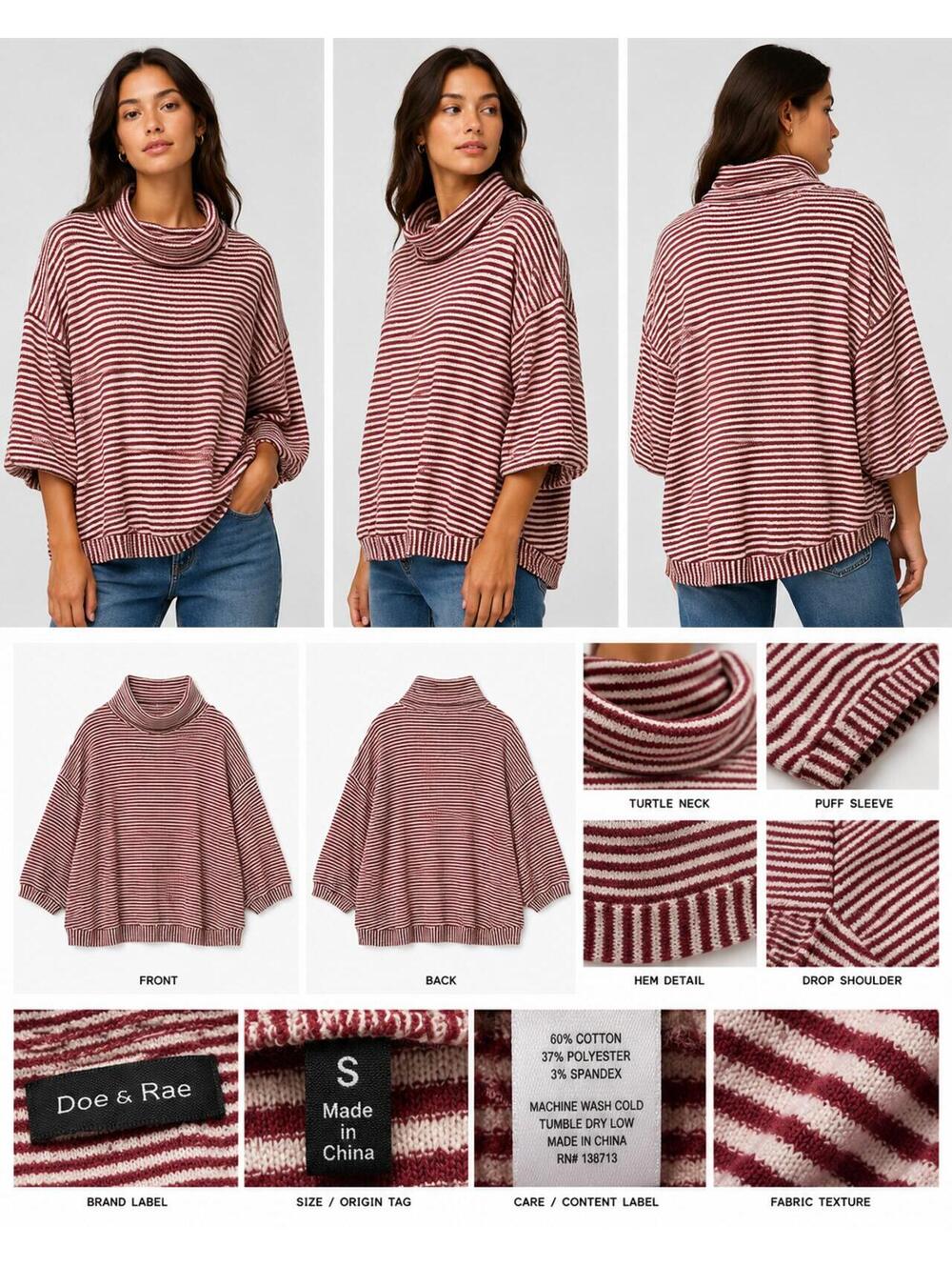 Doe & Rae Burgundy and Cream Striped Turtleneck Oversized Bl